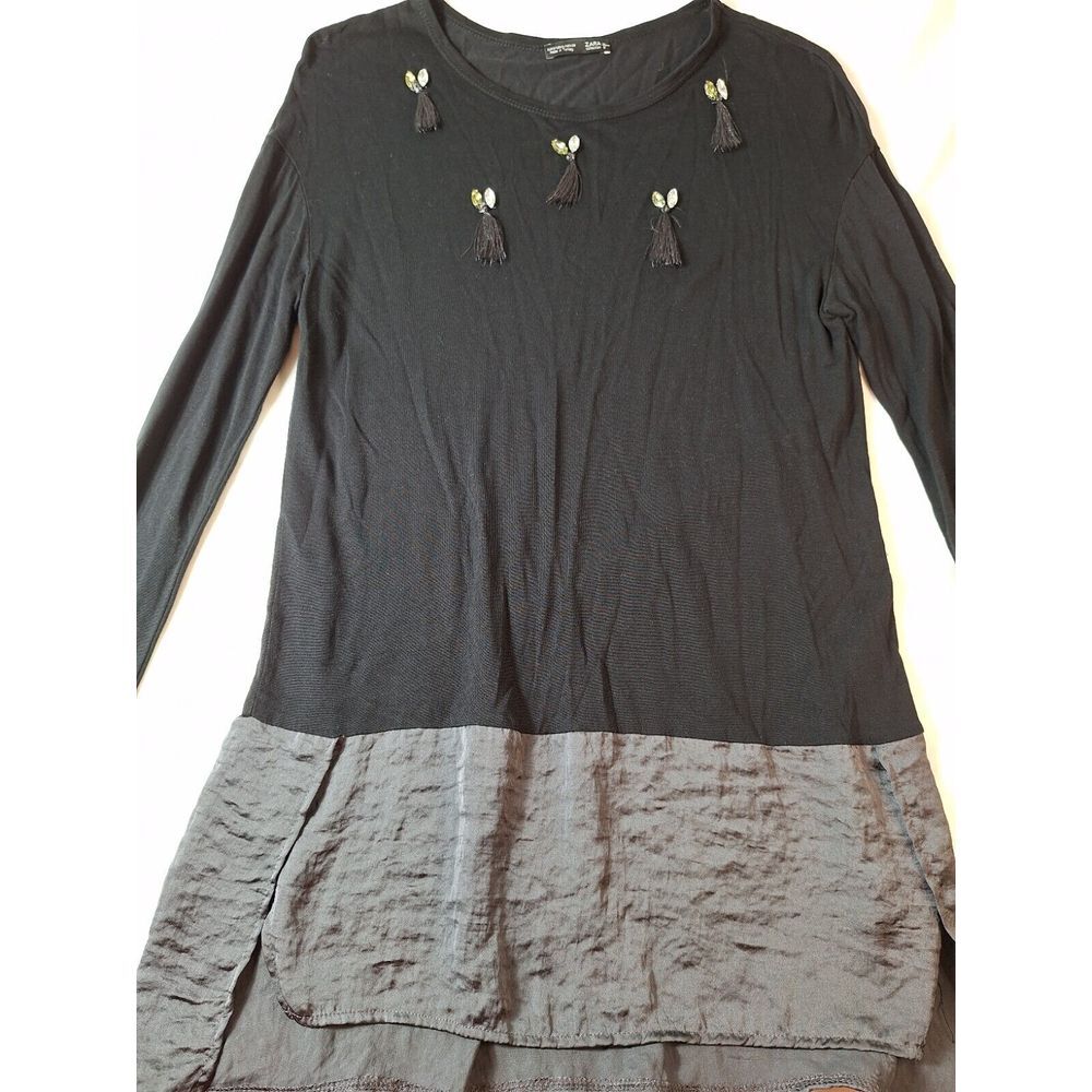 ZARA Collection Tunic Blouse Tassel Embellishments Sz S Black Long Sleeve Dressy